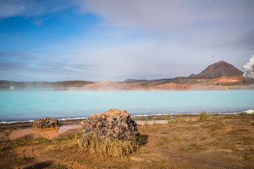 Fototapeta premium iceland, autumn, nature, myvatn, sky, landscape, mountain, volcanic, cloud, panorama, volcano, lake, outdoor, travel, eruption, water, crater, cold, north, scenic, blue, northern, tourism, fall, lava,