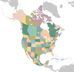 North America map with USA, Canada and Mexico