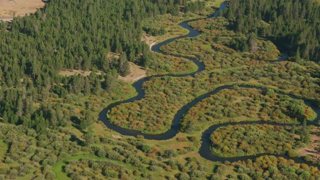 Aerial view of Deschutes River in Central Oregon, USA.  Shot from helicopter with cineflex gimal and RED 8K camera.