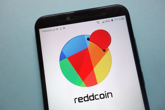 KONSKIE, POLAND - November 18, 2018: ReddCoin (RDD) cryptocurrency logo displayed on smartphone