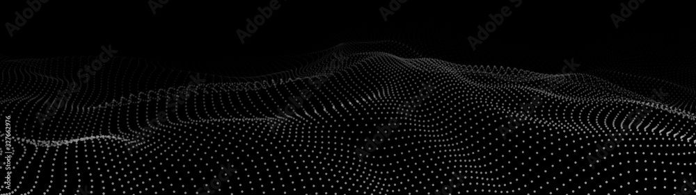 Poster abstract dynamic wave of particles. wave of gradient dots on black background. futuristic vector ill