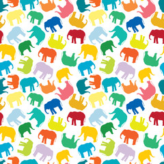 Vector tropical  colorful elephants, seamless repeat pattern on white background. Use for textile design, fashion prints, papers and print on demand products.