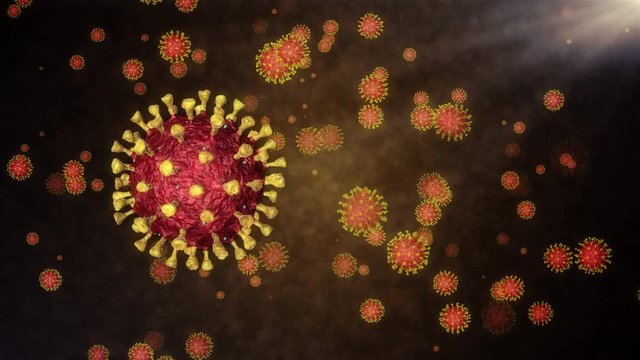 Coronavirus Disease 2019 COVID-19 with blood cells inside human body is a pathogen that attacks the respiratory tract. Microscopic view of floating influenza virus cells. Sars. 3d rendering.