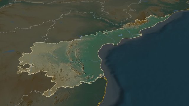 Andhra Pradesh, state with its capital, zoomed and extruded on the relief map of India in the conformal Stereographic projection. Animation 3D