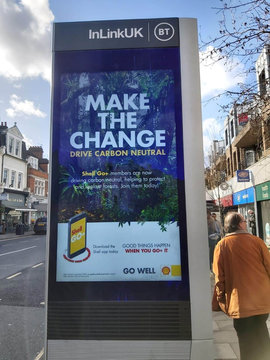 A digital hoarding in southwest London displays an advert for Shell?s "drive carbon neutral" campaign, which is being investigated by Britain?s ASA, in London