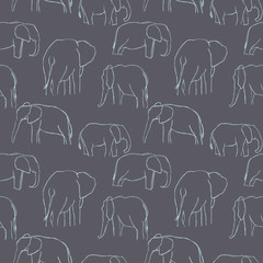 Vector tropical monochrome line playful elephants, seamless repeat pattern on graphite grey background. Use for textile design, fashion prints, papers and print on demand products.