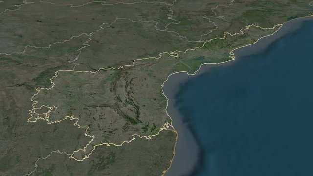 Andhra Pradesh, state with its capital, zoomed and extruded on the satellite map of India in the conformal Stereographic projection. Animation 3D