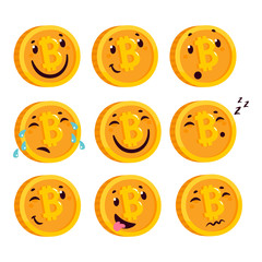 Cartoon gold and silver bitcoin character. Bitcoin emoticon set.
