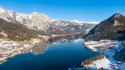 Beautiful winter landscape, mountains and lake in Berchtesgaden, Germany. Bavarian alps covered  with snow 