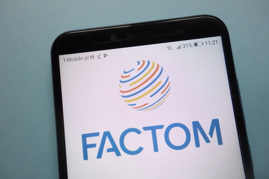 KONSKIE, POLAND - November 18, 2018: Factom (FCT) cryptocurrency logo displayed on smartphone