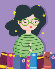 book day, teen girl with and books literature cartoon
