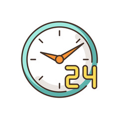 Around the clock service RGB color icon. 24 7 hour customer support. Circle watch dial badge. Twenty four seven hours commerce. Every day available. Retail industry. Isolated vector illustration