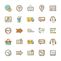 24 7 hour service RGB color icons set. Around the clock working hours of convenience store. 24 hrs open shop. All week available shipping. Helpline and helpdesk. Isolated vector illustrations