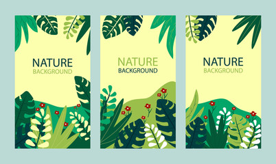 Flat flower of jungle background. Summer nature landscape poster. Decorative floral leaves for wallpapers social stories. Forest plant composition. Spring banner with leaf plant. vector illustration.