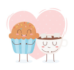 cupcake and choclate cup with marshmallow kawaii food cartoon character design