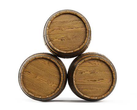 Wooden barrels stacked on a white background. Clipping path included, 3d illustration