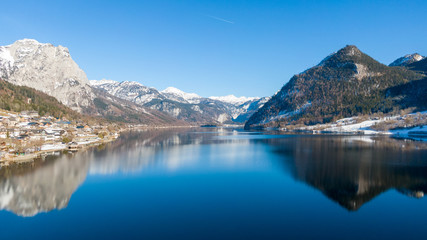 Beautiful winter landscape, mountains and lake in Berchtesgaden, Germany. Bavarian alps covered  with snow 