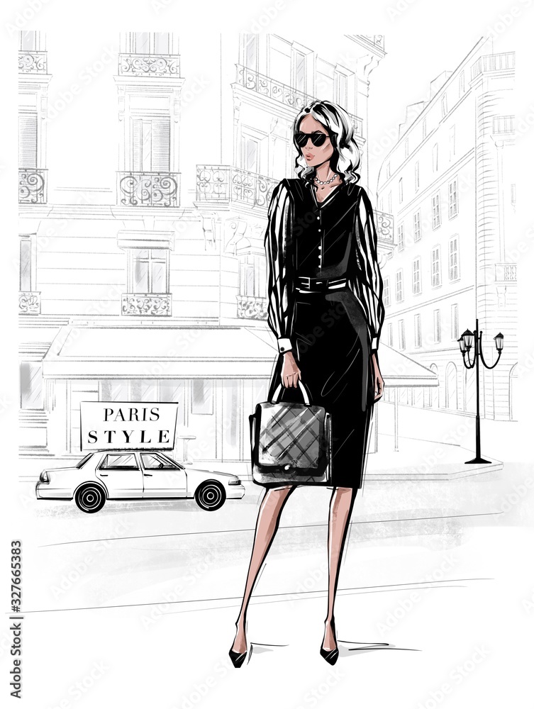 Wall mural Hand drawn beautiful young woman in black dress. Fashion woman with bag. Girl in black shoes with Paris street background. Sketch. Fashion illustration.