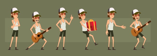 Cartoon funny cute hipster farmer boy character in shorts and glasses. Ready for animations. Happy musician with guitar and holiday gift. Isolated on green background. Big vector icon set.