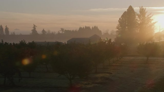 Sunrise shot of Willamette Valley, Oregon farmlands.  Shot with Cineflex gimbal and RED 8K camera.