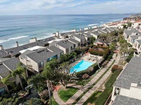Aerial view of wealthy condy community on the cleef next to the ocean in south california, USA
