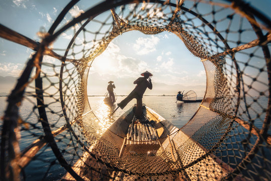 Inle Lake Intha Fishermen at Sunrise in Shan State, Myanmar (Burma)