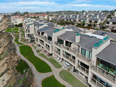 Aerial view of wealthy condy community on the cleef next to the ocean in south california, USA