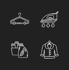 Laundry, clothes care chalk white icons set on black background. Delicate fur dry cleaning and ironing. Fabric softener, towels basin, hanger, outerwear. Isolated vector chalkboard illustrations