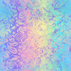 Fototapeta na wymiar Holographic foil vivid trendy seamless damask pattern. Opalescent psychedelic design in pastel rainbow colors. Cosmic futuristic iridescent graphic swatch.