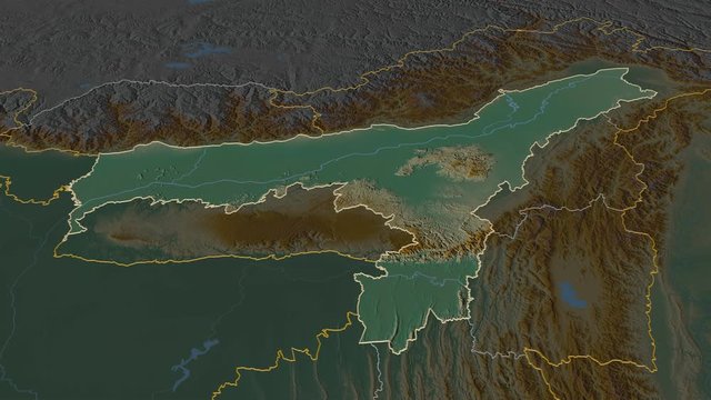 Assam, state with its capital, zoomed and extruded on the relief map of India in the conformal Stereographic projection. Animation 3D