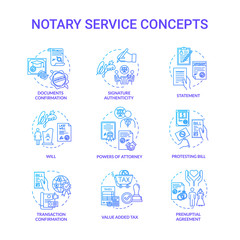 Notary services blue concept icons set. Power of attorney. Legislation, public regulation. Certificate, guarantee. Common law idea thin line RGB color illustrations. Vector isolated outline drawings
