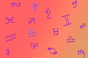 Astrological zodiac symbols on a pink background.