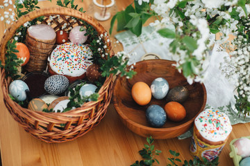 Traditional Easter basket. Easter modern eggs, easter bread, ham, beets, butter, in wicker basket...