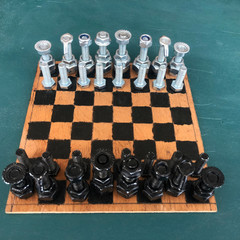 Chess on board from metal. Bolts & nuts. Hand made