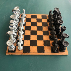 Chess on board from metal. Bolts & nuts. Hand made