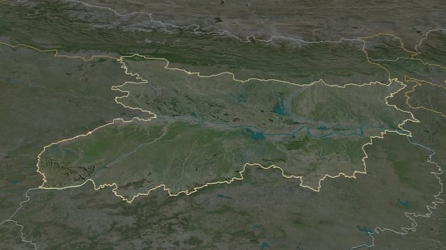 Bihar, state with its capital, zoomed and extruded on the satellite map of India in the conformal Stereographic projection. Animation 3D