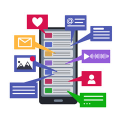 Social networking concept illustration. A phone with many notifications and messages isolated on white background