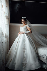 Fashion photo of beautiful bride with dark hair in elegant wedding dress and crown posing in room in the wedding morning.