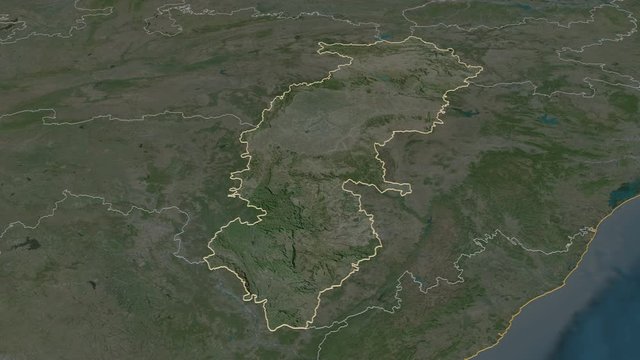 Chhattisgarh, state with its capital, zoomed and extruded on the satellite map of India in the conformal Stereographic projection. Animation 3D