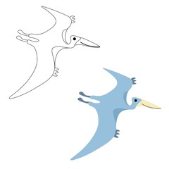 Cute dinosaur pteranodon in color and outline isolated on a white background. Jurassic period. Stock vector illustration for decoration and design, postcards, fabrics, packaging, coloring, children © Galina Pislar