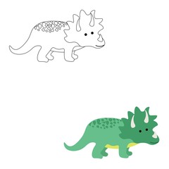 Cute triceratops dinosaur outline and in color isolated on a white background. Jurassic animals. Stock vector illustration for decoration and design, children's books and coloring books, stickers