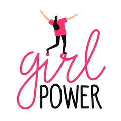 Isolated on white vector illustration with long hair young woman dancing on lettering phrase. Girl power.