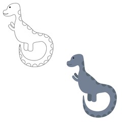 Loving dinosaur in color and outline isolated on a white background. Jurassic period. Stock vector illustration for decoration and design, postcards, fabrics, packaging, coloring, children's textiles.