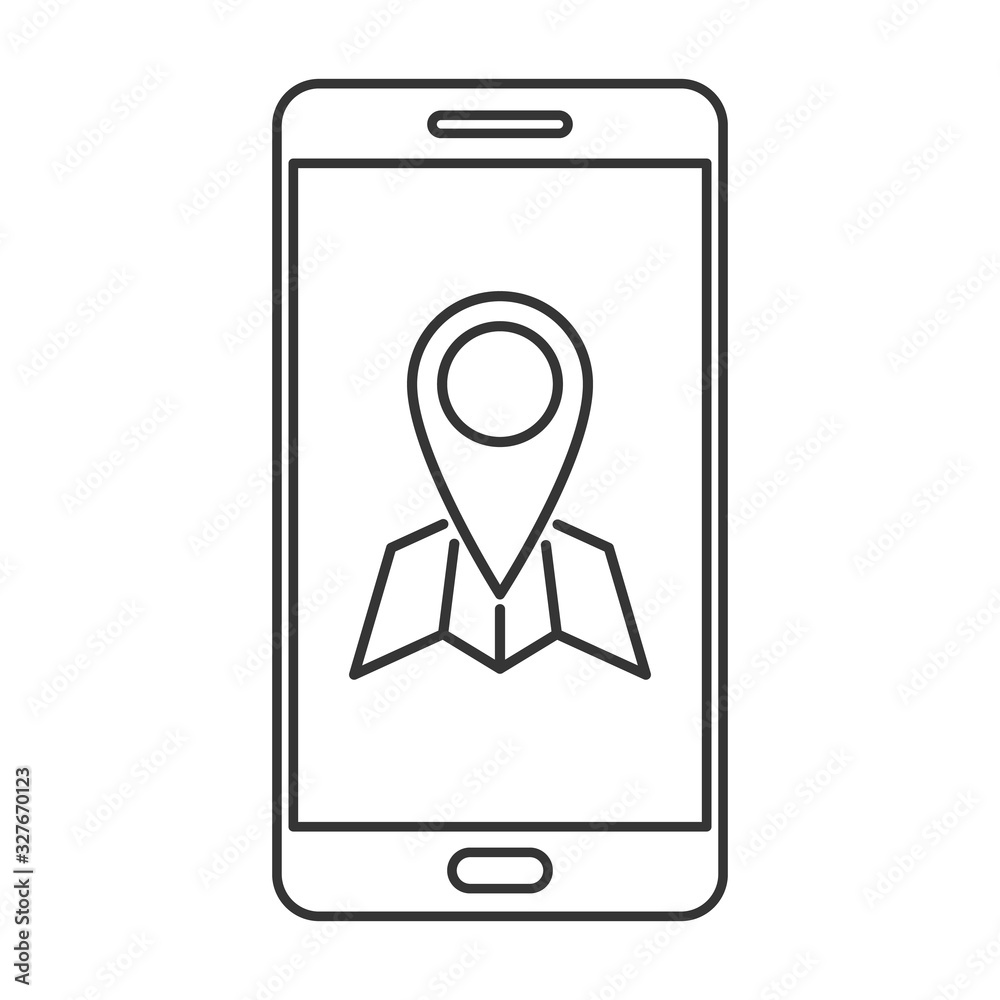 Wall mural phone icon with location symbol in line style.