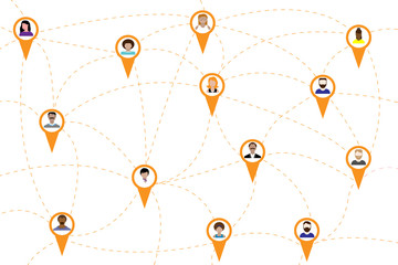 Network concept, social connection, concept of cultural exchange or gender communication. Vector illustration. Tag with location with hatch lines
