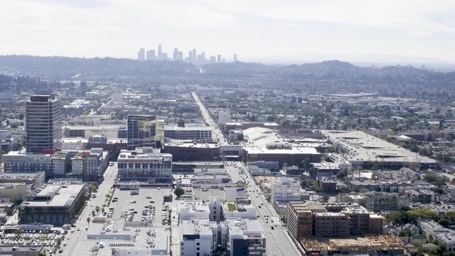 Wide aerial, Glendale cityscape in California
