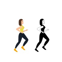 Fototapeta na wymiar Running brunette girl isolated on a white background. Silhouette of a female sprinter. Runners in motion. Preparing for the marathon. Jogging. Sportswomen in a flat style. Stock vector illustration