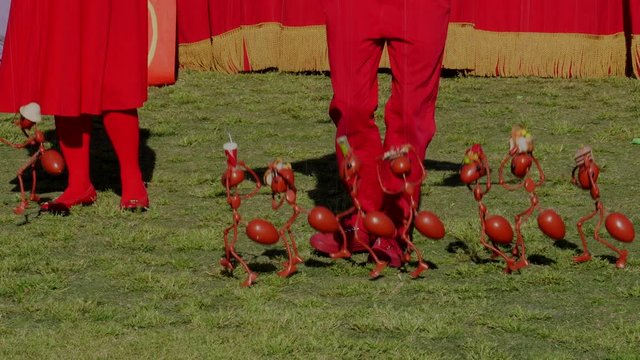 This video shows cute ant puppets dancing together in a line at an outdoor retro marionette theater show.