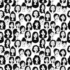 Black-white seamless pattern with portraits of young girls on a background in outline. Women with different hairstyles and hair color. Front view, closed eyes, happy smile. Stock vector illustration