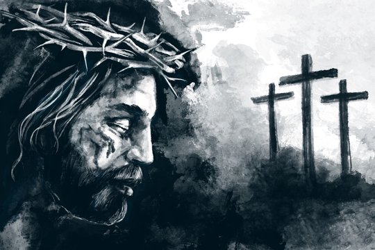 Easter. Jesus Christ, Son of God, crucifixion on the cross at Calvary, Friday. Christian symbol of faith, art illustration painted with watercolors
